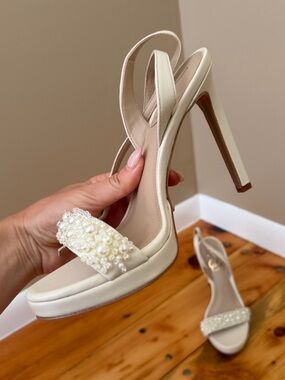 Sam Edelman Cream white Pearl Strap High Heel Slingbacks Bridal Wedding Shoe